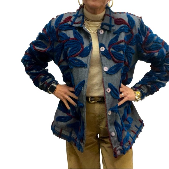 Vintage Stephanie Thomas Sports Textured Embroidered Boho Artsy Leaf Jacket - Picture 1 of 14